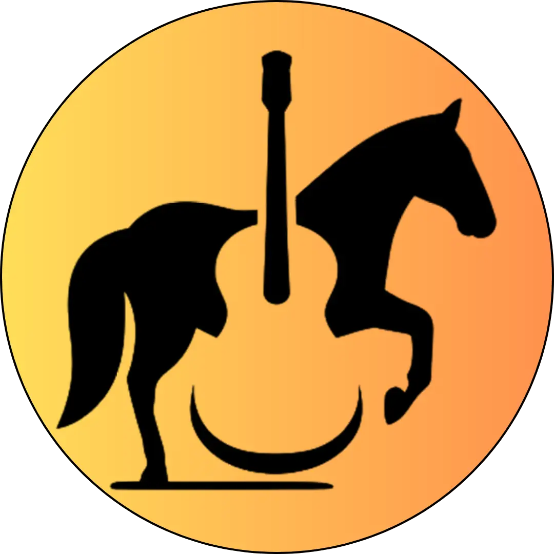 Silhueta em preto de um cavalo combinada com a forma de uma viola, dentro de um círculo em degradê amarelo-alaranjado.